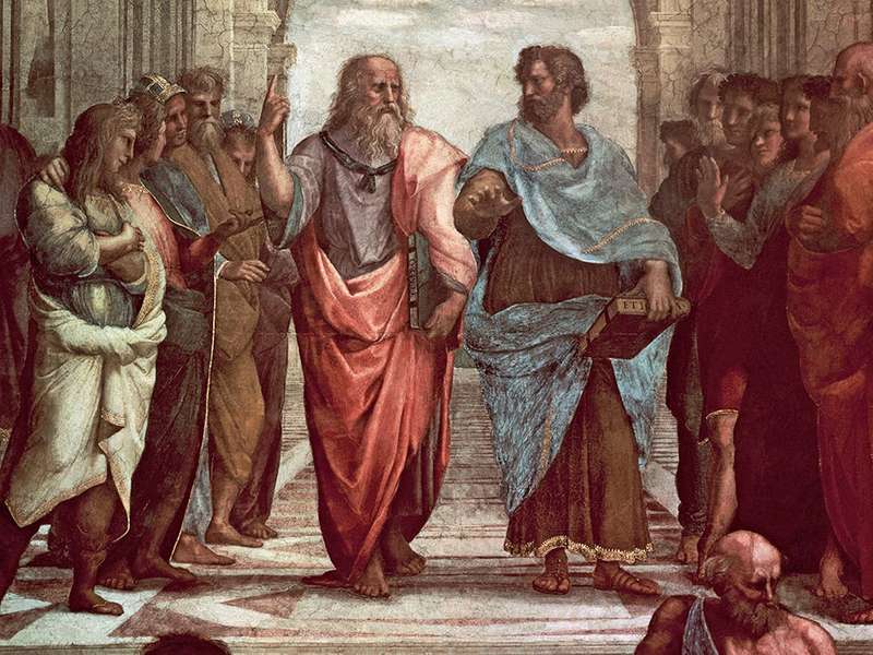 “School of Athens” fresco by Raphael, close-up to emphasize Aristotle and Plato