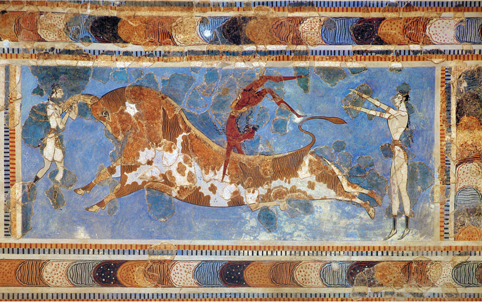 Scene of bull leaping. Wall painting from the Palace of Knossos, after the 15th century BC. (Archaeological Museum of Iraklio) 