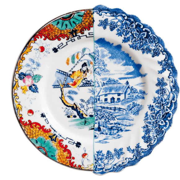 A ceramic hybrid plate contains two parts of Eastern and Western decor