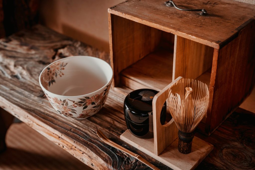 A tea room with a traditional Japanese design and a tea bowl