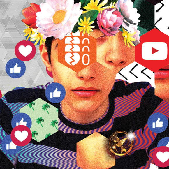 Generation Z - a surreal portrait of a boy surrounded social media and internet symbols