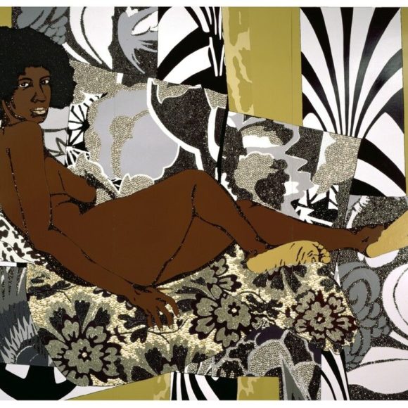 Naked black woman on a bed - artwork by Mickalene Thomas