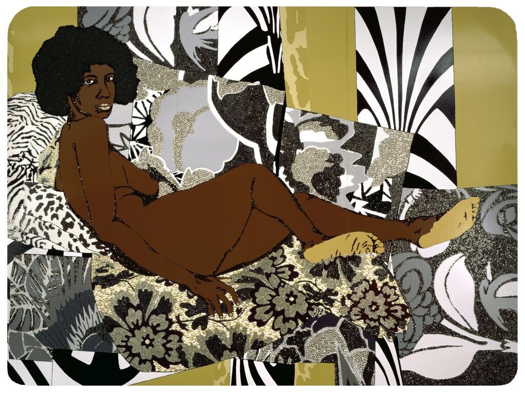 Naked black woman on a bed - artwork by Mickalene Thomas